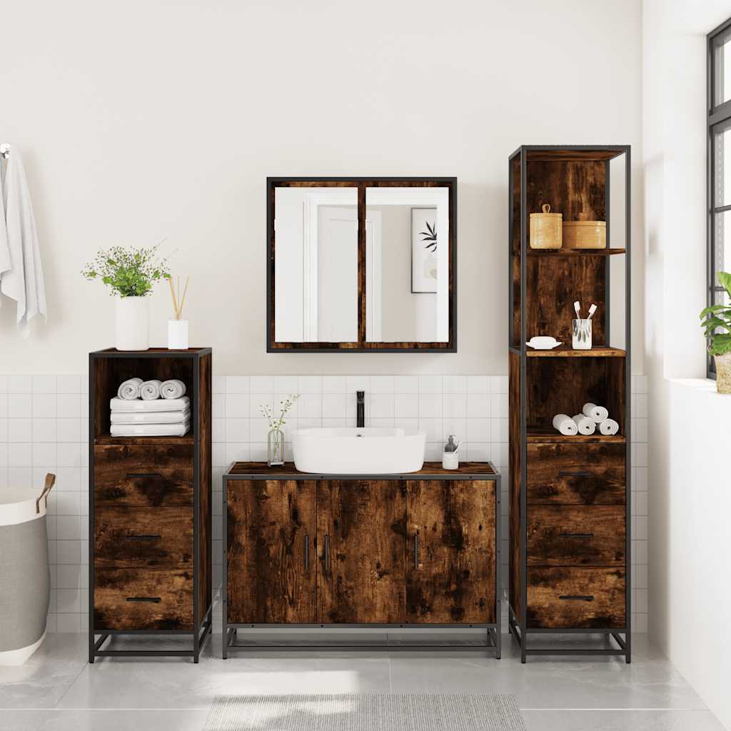 vidaXL Set de mobilier de baie 4 piese Lemn prelucrat de stejar afumat vidaXL Set de mobilier de baie 4 piese Lemn prelucrat de stejar afumat