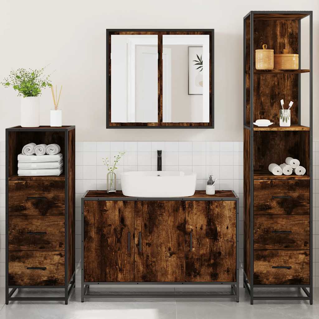 vidaXL Set de mobilier de baie 4 piese Lemn prelucrat de stejar afumat vidaXL Set de mobilier de baie 4 piese Lemn prelucrat de stejar afumat