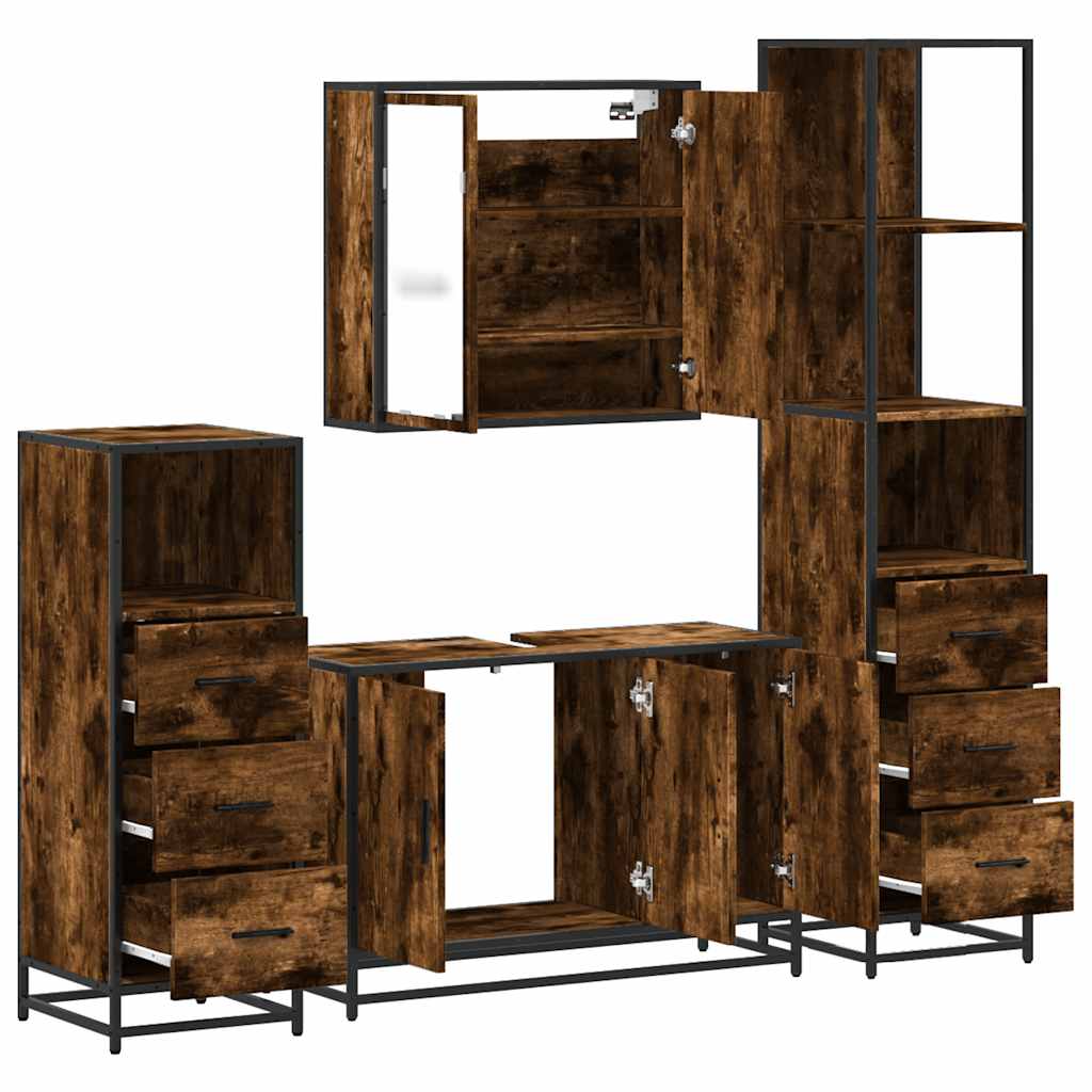 vidaXL Set de mobilier de baie 4 piese Lemn prelucrat de stejar afumat vidaXL Set de mobilier de baie 4 piese Lemn prelucrat de stejar afumat