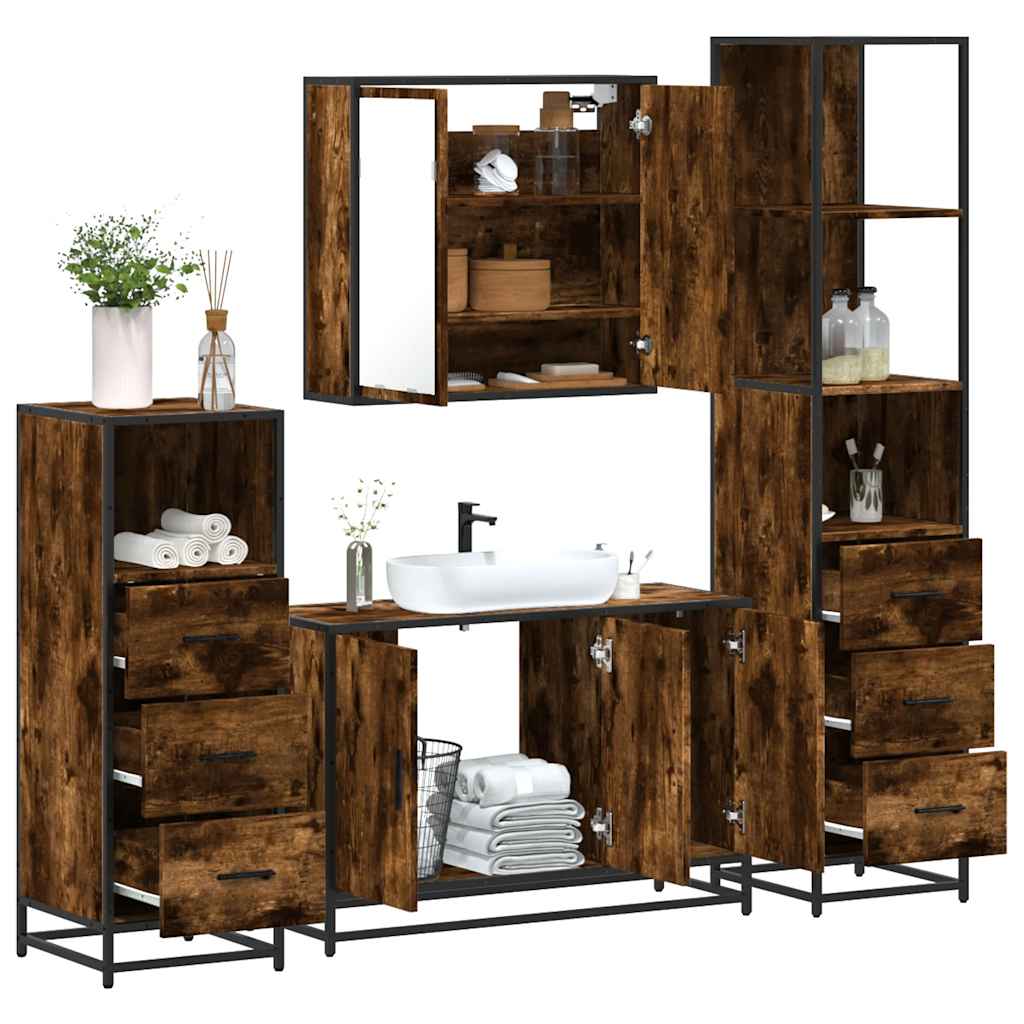 vidaXL Set de mobilier de baie 4 piese Lemn prelucrat de stejar afumat vidaXL Set de mobilier de baie 4 piese Lemn prelucrat de stejar afumat