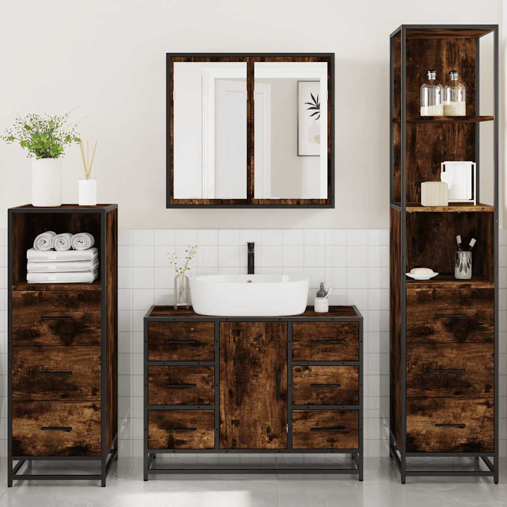 vidaXL Set de mobilier de baie 4 piese Lemn prelucrat de stejar afumat vidaXL Set de mobilier de baie 4 piese Lemn prelucrat de stejar afumat