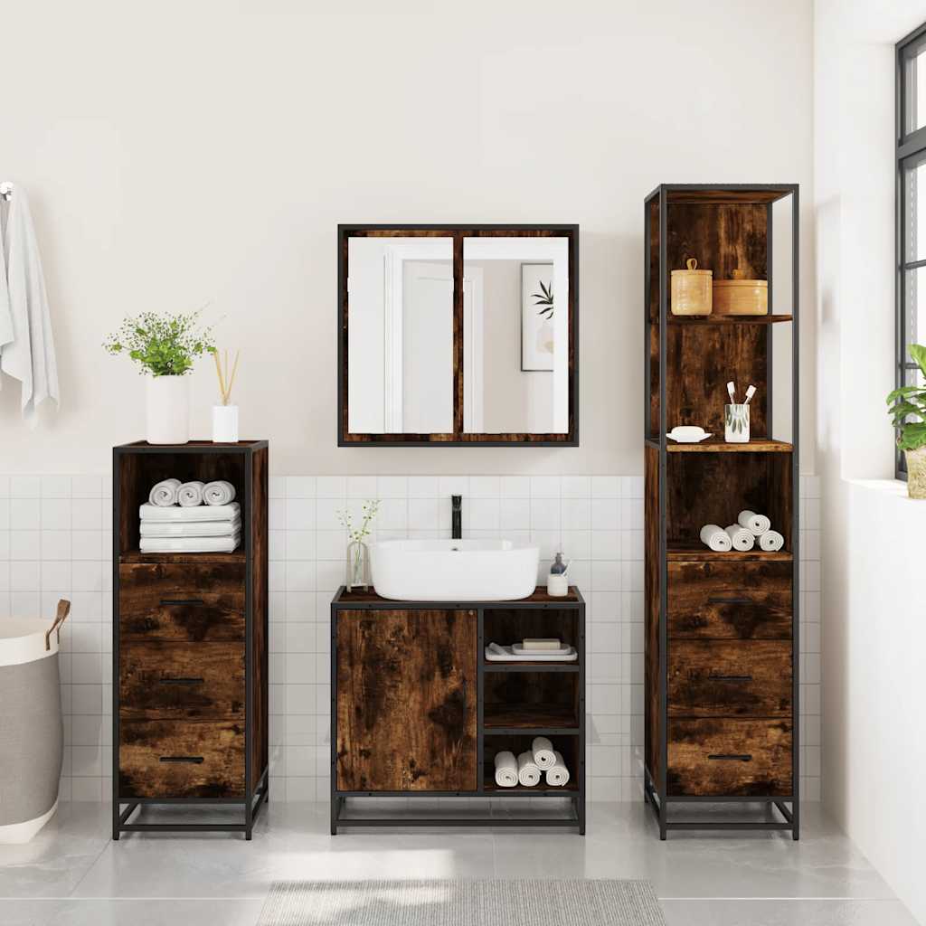 vidaXL Set de mobilier de baie 4 piese Lemn prelucrat de stejar afumat vidaXL Set de mobilier de baie 4 piese Lemn prelucrat de stejar afumat