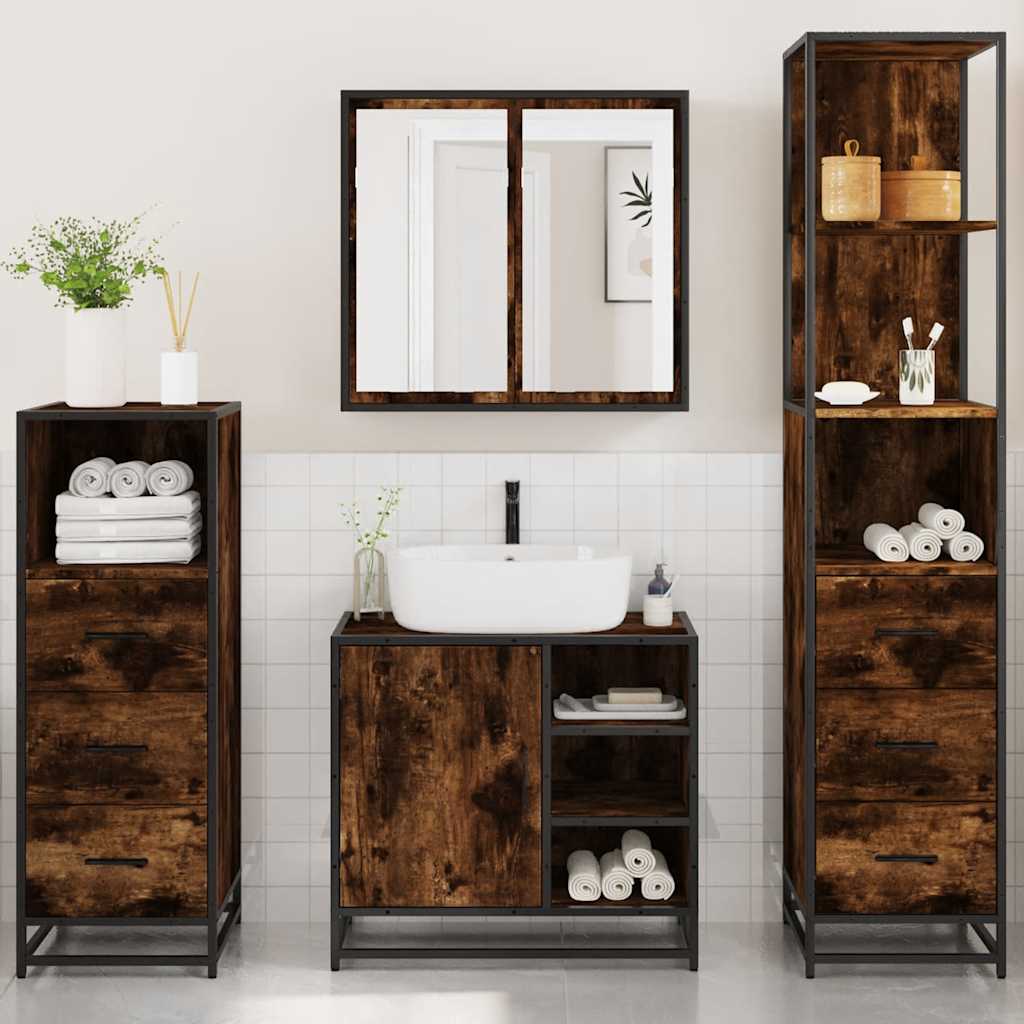 vidaXL Set de mobilier de baie 4 piese Lemn prelucrat de stejar afumat vidaXL Set de mobilier de baie 4 piese Lemn prelucrat de stejar afumat