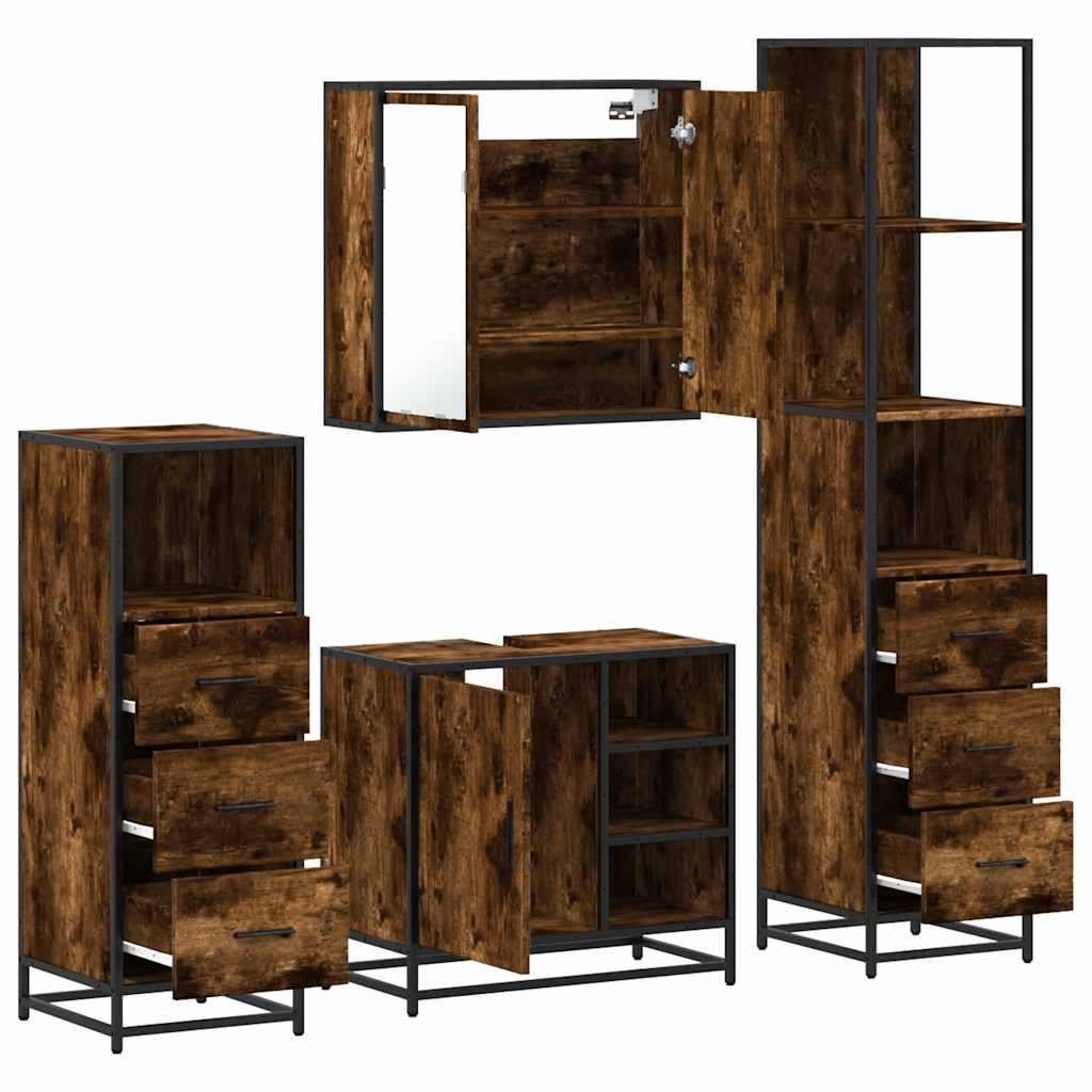 vidaXL Set de mobilier de baie 4 piese Lemn prelucrat de stejar afumat vidaXL Set de mobilier de baie 4 piese Lemn prelucrat de stejar afumat
