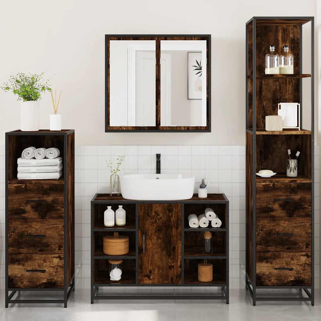 vidaXL Set de mobilier de baie 4 piese Lemn prelucrat de stejar afumat vidaXL Set de mobilier de baie 4 piese Lemn prelucrat de stejar afumat