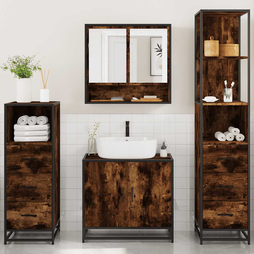 vidaXL Set de mobilier de baie 4 piese Lemn prelucrat de stejar afumat vidaXL Set de mobilier de baie 4 piese Lemn prelucrat de stejar afumat