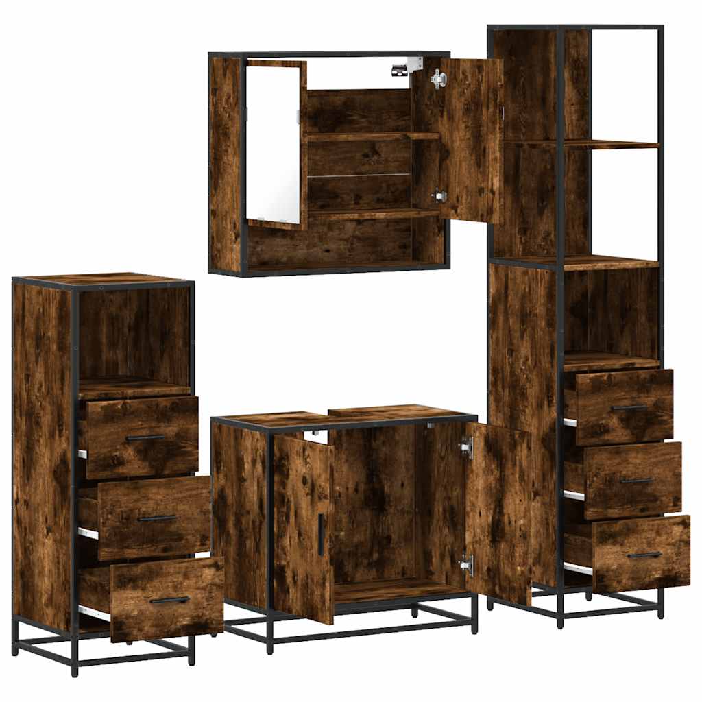 vidaXL Set de mobilier de baie 4 piese Lemn prelucrat de stejar afumat vidaXL Set de mobilier de baie 4 piese Lemn prelucrat de stejar afumat