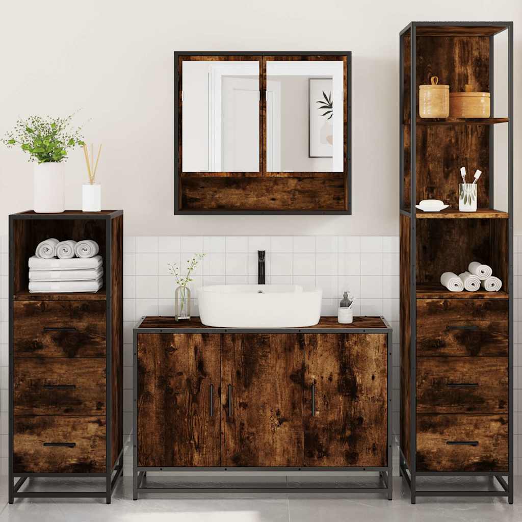 vidaXL Set de mobilier de baie 4 piese Lemn prelucrat de stejar afumat vidaXL Set de mobilier de baie 4 piese Lemn prelucrat de stejar afumat