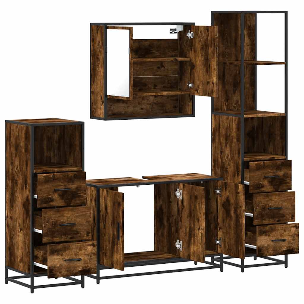 vidaXL Set de mobilier de baie 4 piese Lemn prelucrat de stejar afumat vidaXL Set de mobilier de baie 4 piese Lemn prelucrat de stejar afumat