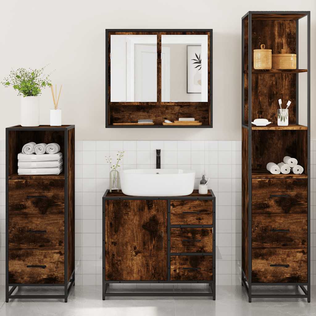 vidaXL Set de mobilier de baie 4 piese Lemn prelucrat de stejar afumat vidaXL Set de mobilier de baie 4 piese Lemn prelucrat de stejar afumat