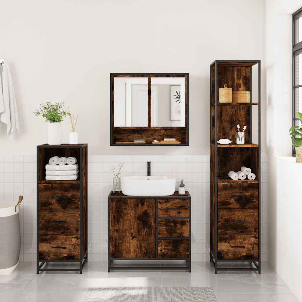vidaXL Set de mobilier de baie 4 piese Lemn prelucrat de stejar afumat vidaXL Set de mobilier de baie 4 piese Lemn prelucrat de stejar afumat