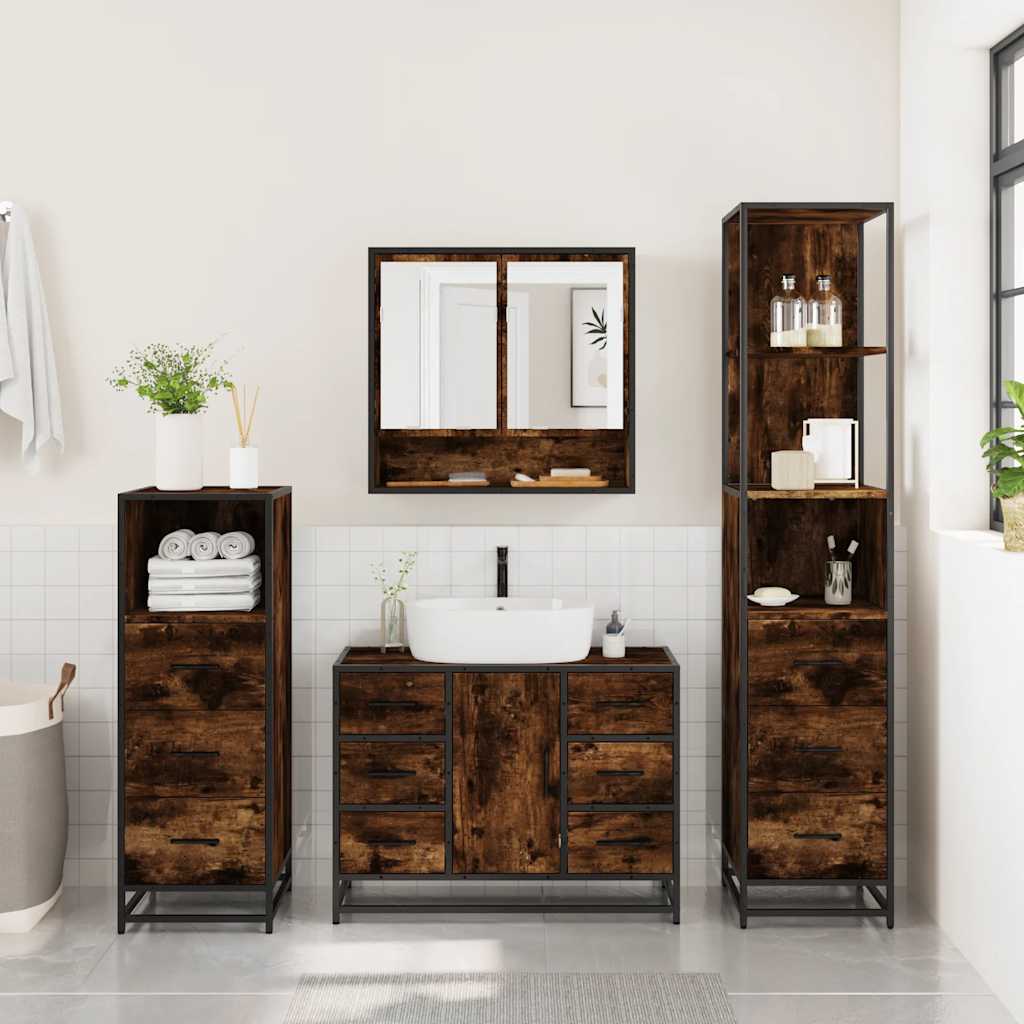 vidaXL Set de mobilier de baie 4 piese Lemn prelucrat de stejar afumat vidaXL Set de mobilier de baie 4 piese Lemn prelucrat de stejar afumat