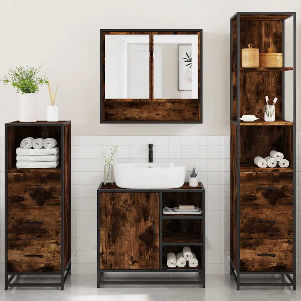 vidaXL Set de mobilier de baie 4 piese Lemn prelucrat de stejar afumat vidaXL Set de mobilier de baie 4 piese Lemn prelucrat de stejar afumat