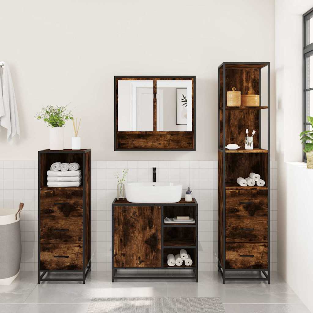 vidaXL Set de mobilier de baie 4 piese Lemn prelucrat de stejar afumat vidaXL Set de mobilier de baie 4 piese Lemn prelucrat de stejar afumat