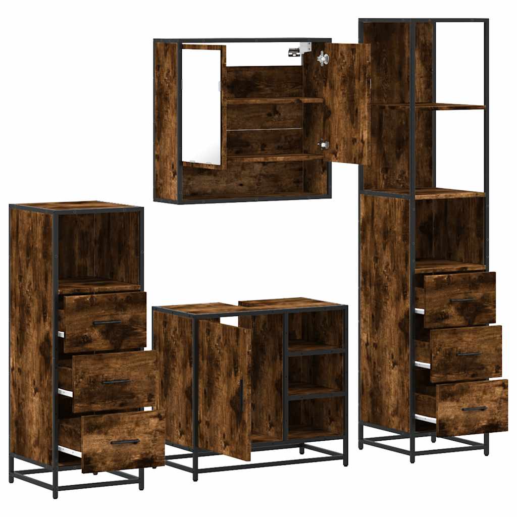 vidaXL Set de mobilier de baie 4 piese Lemn prelucrat de stejar afumat vidaXL Set de mobilier de baie 4 piese Lemn prelucrat de stejar afumat