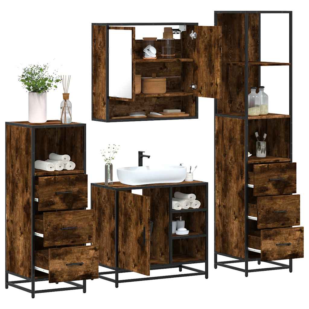 vidaXL Set de mobilier de baie 4 piese Lemn prelucrat de stejar afumat vidaXL Set de mobilier de baie 4 piese Lemn prelucrat de stejar afumat