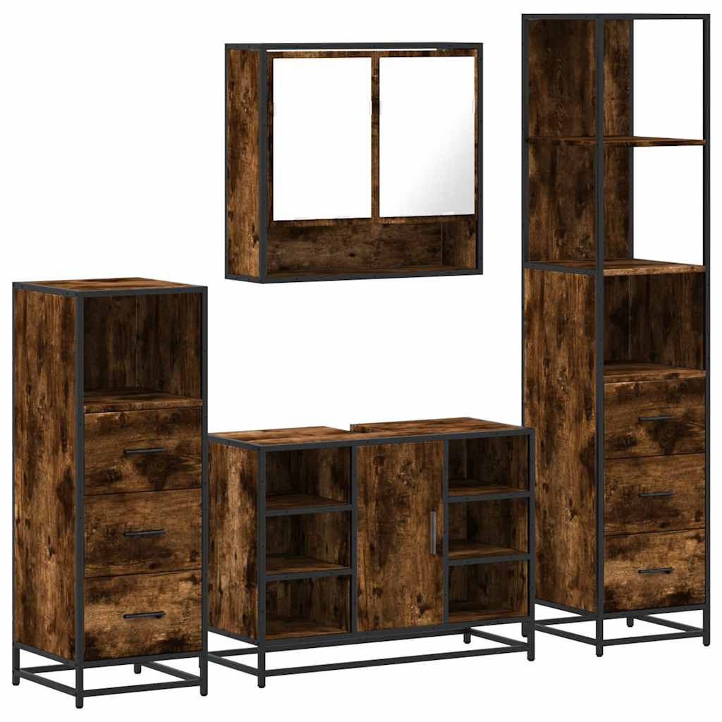 vidaXL Set de mobilier de baie 4 piese Lemn prelucrat de stejar afumat vidaXL Set de mobilier de baie 4 piese Lemn prelucrat de stejar afumat