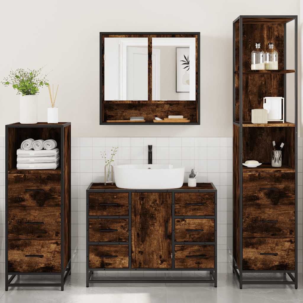 vidaXL Set de mobilier de baie 4 piese Lemn prelucrat de stejar afumat vidaXL Set de mobilier de baie 4 piese Lemn prelucrat de stejar afumat
