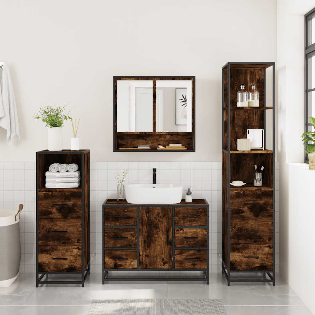 vidaXL Set de mobilier de baie 4 piese Lemn prelucrat de stejar afumat vidaXL Set de mobilier de baie 4 piese Lemn prelucrat de stejar afumat