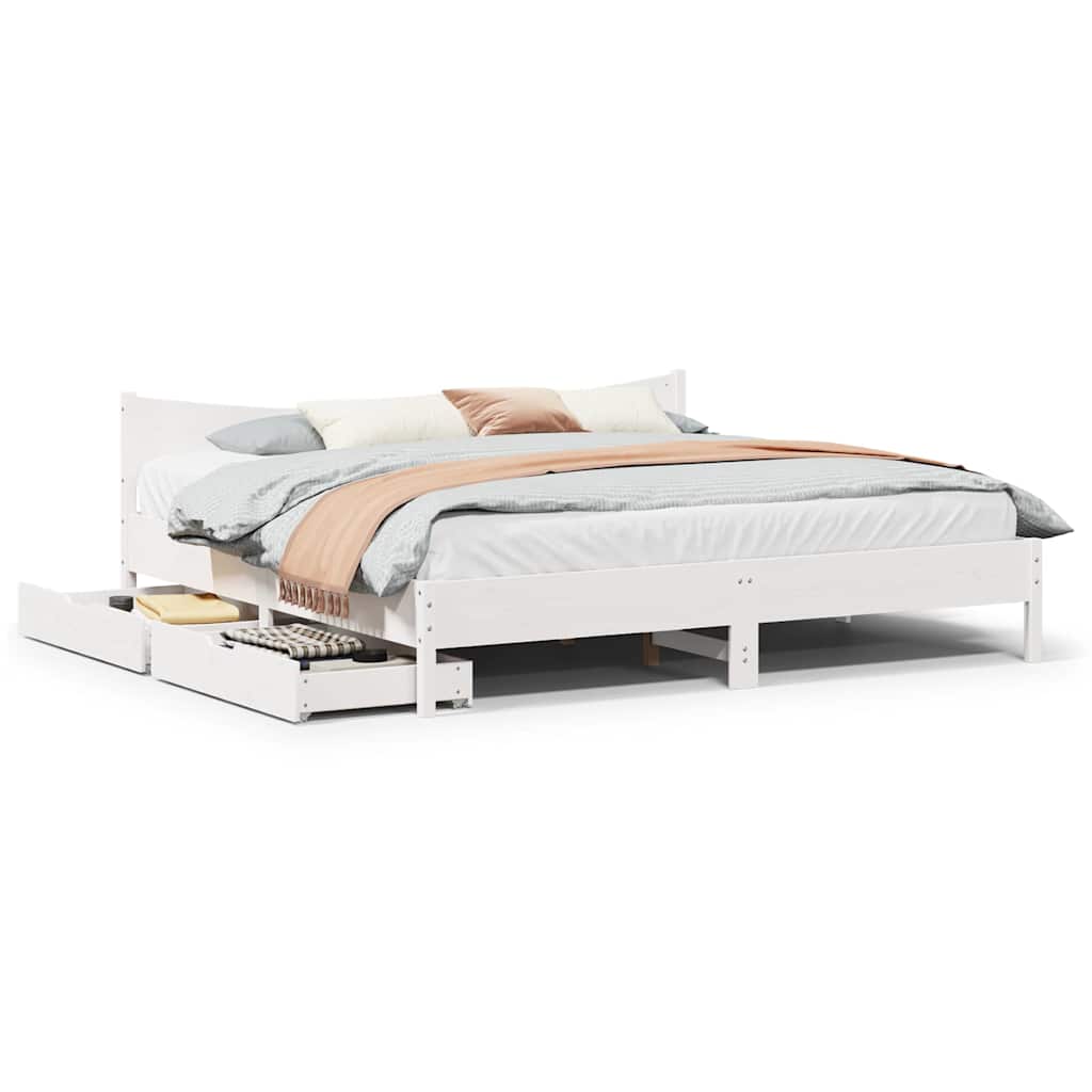 vidaXL Cadru de pat cu sertare, alb, 180x200 cm, lemn masiv pin
