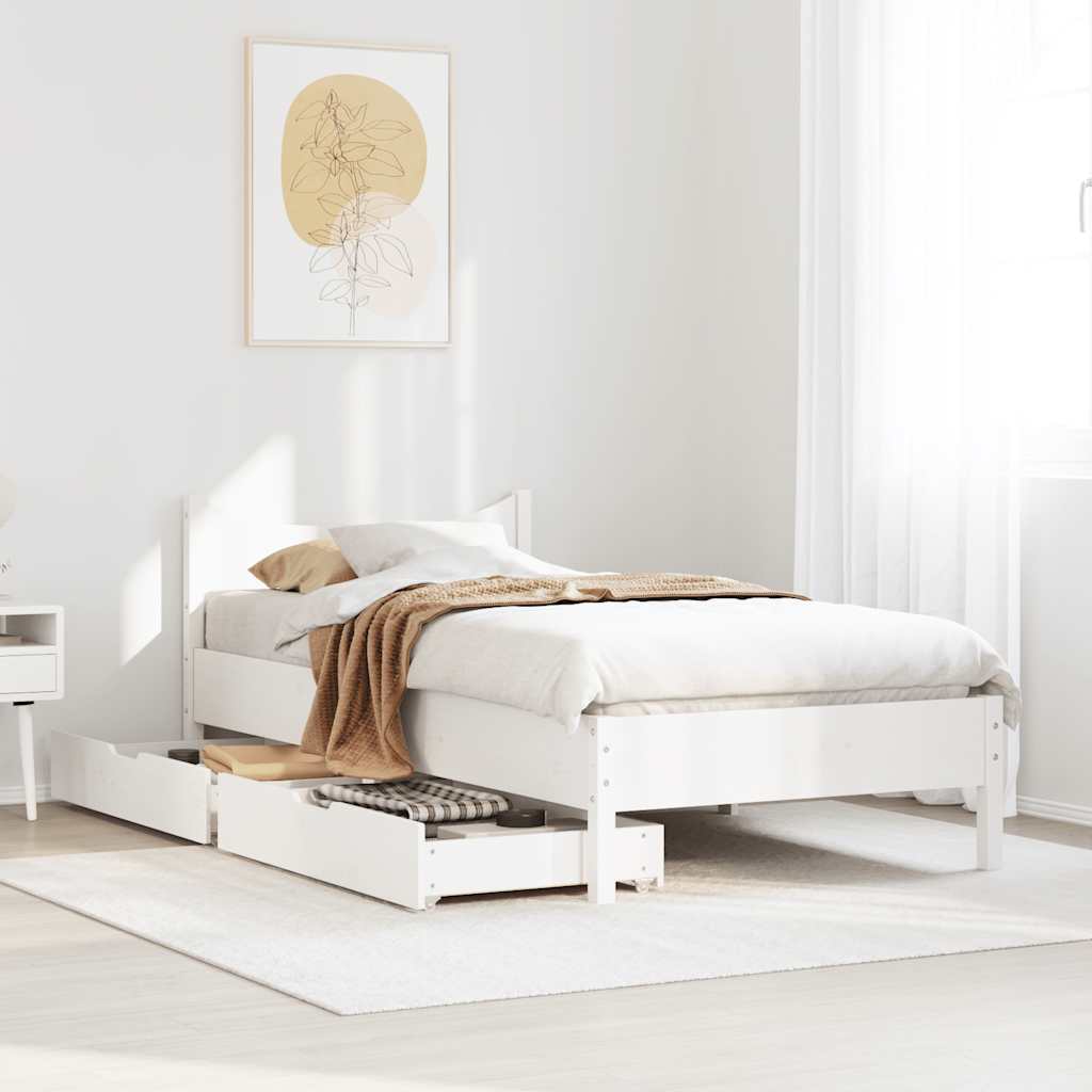 vidaXL Cadru de pat cu sertare, alb, 75x190 cm, lemn masiv de pin
