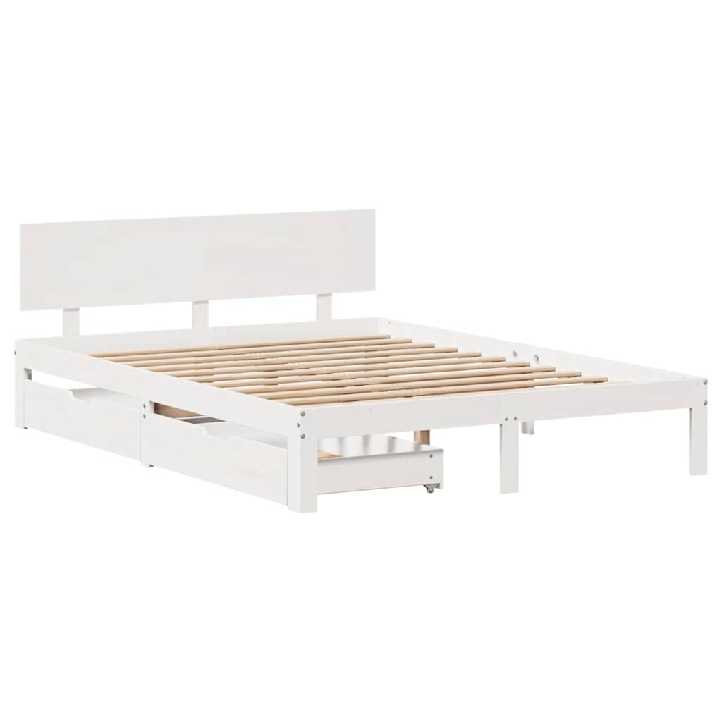vidaXL Cadru de pat cu sertare, alb, 135x190 cm, lemn masiv de pin