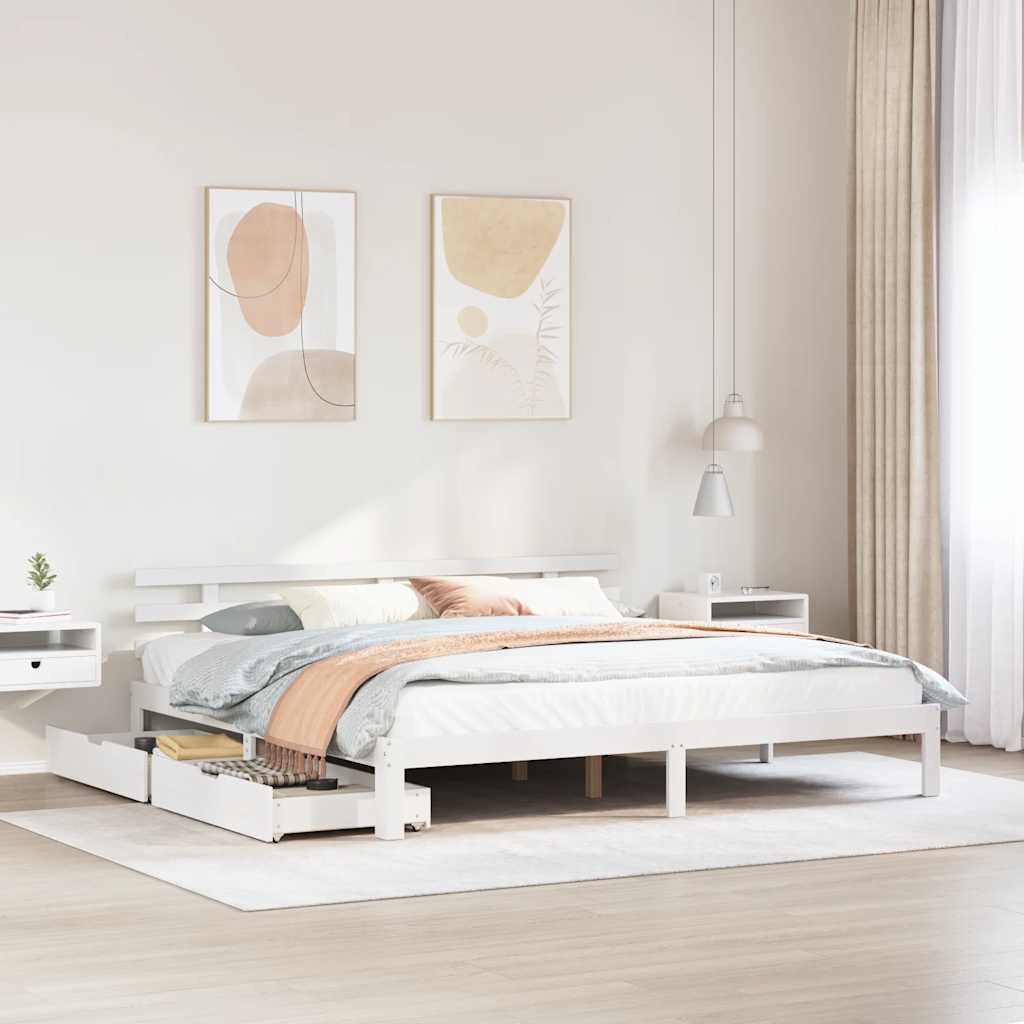 vidaXL Cadru de pat cu sertare, alb, 180x200 cm, lemn masiv pin vidaXL Cadru de pat cu sertare, alb, 180x200 cm, lemn masiv pin