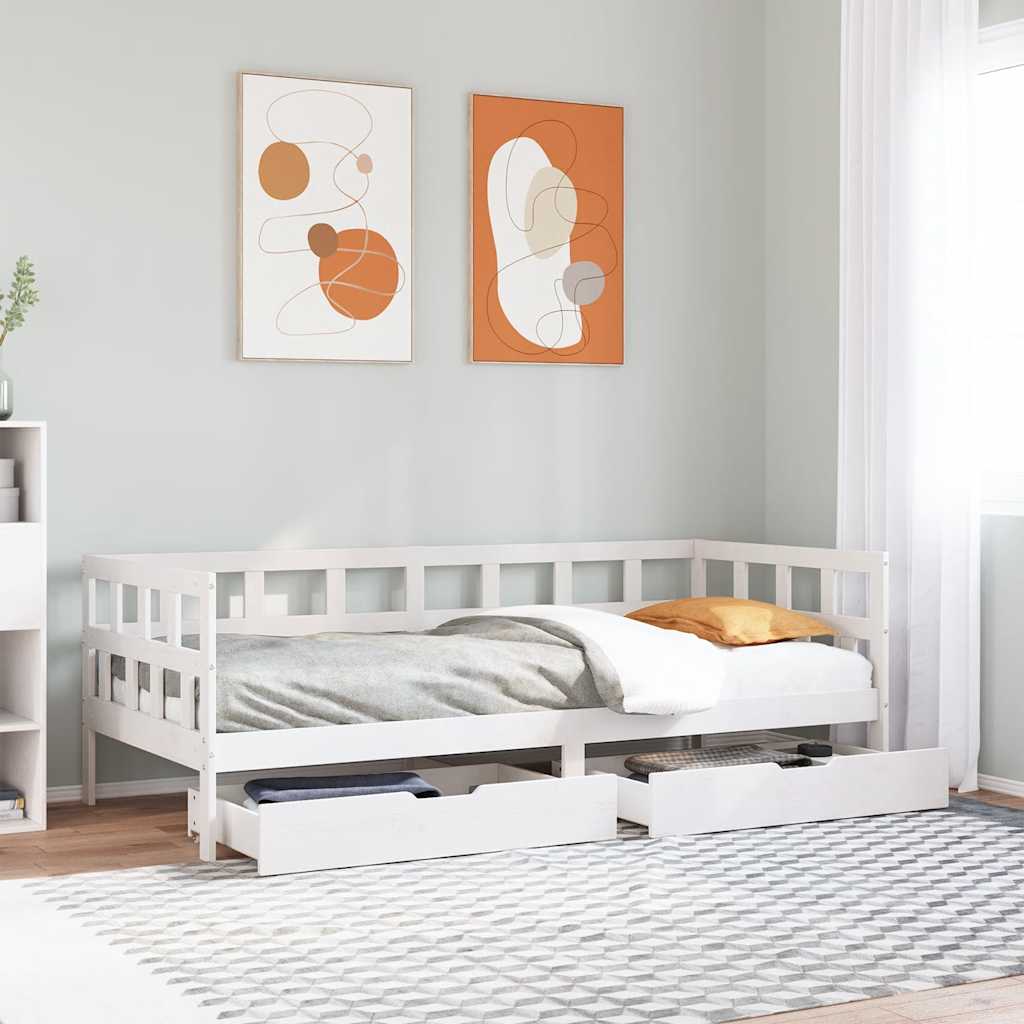 vidaXL Pat de zi cu sertare, alb, 80x200 cm, lemn masiv pin