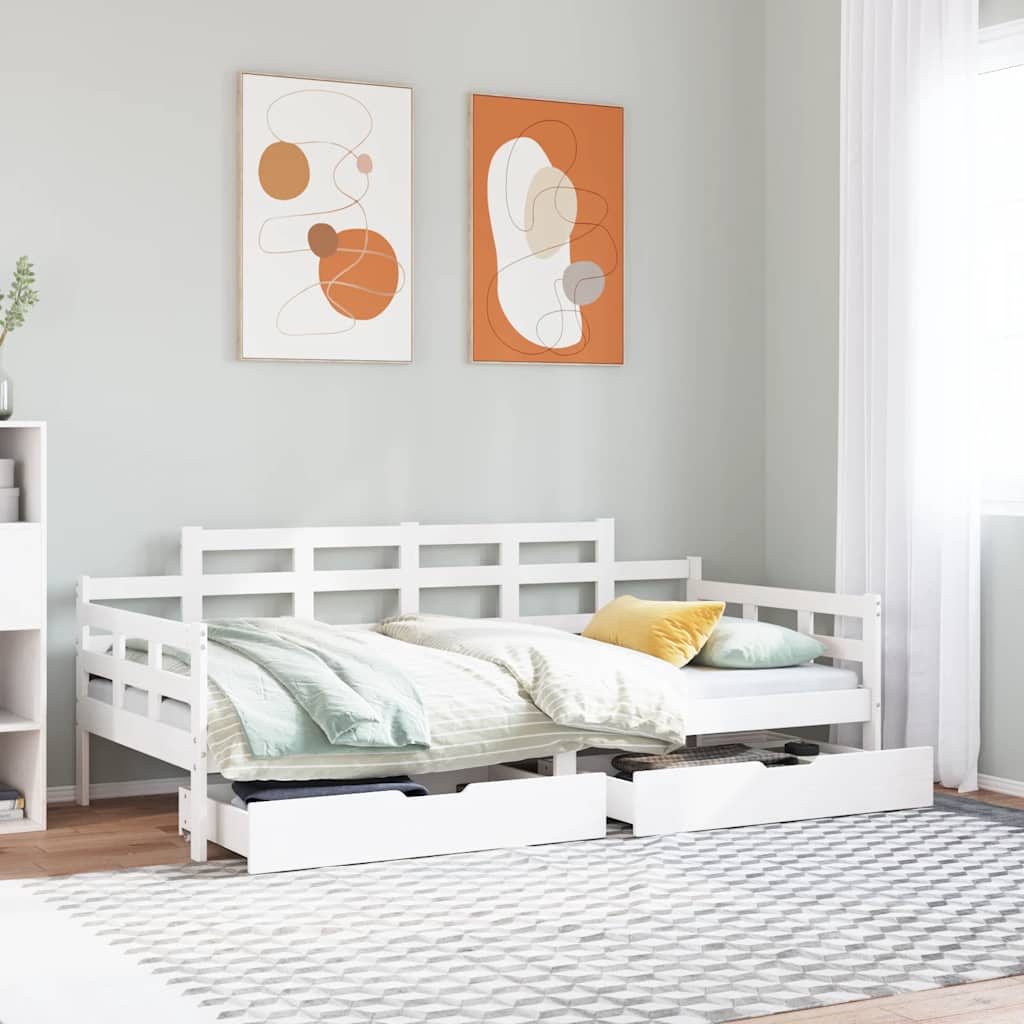 vidaXL Pat de zi cu sertare, alb, 90x200 cm, lemn masiv pin