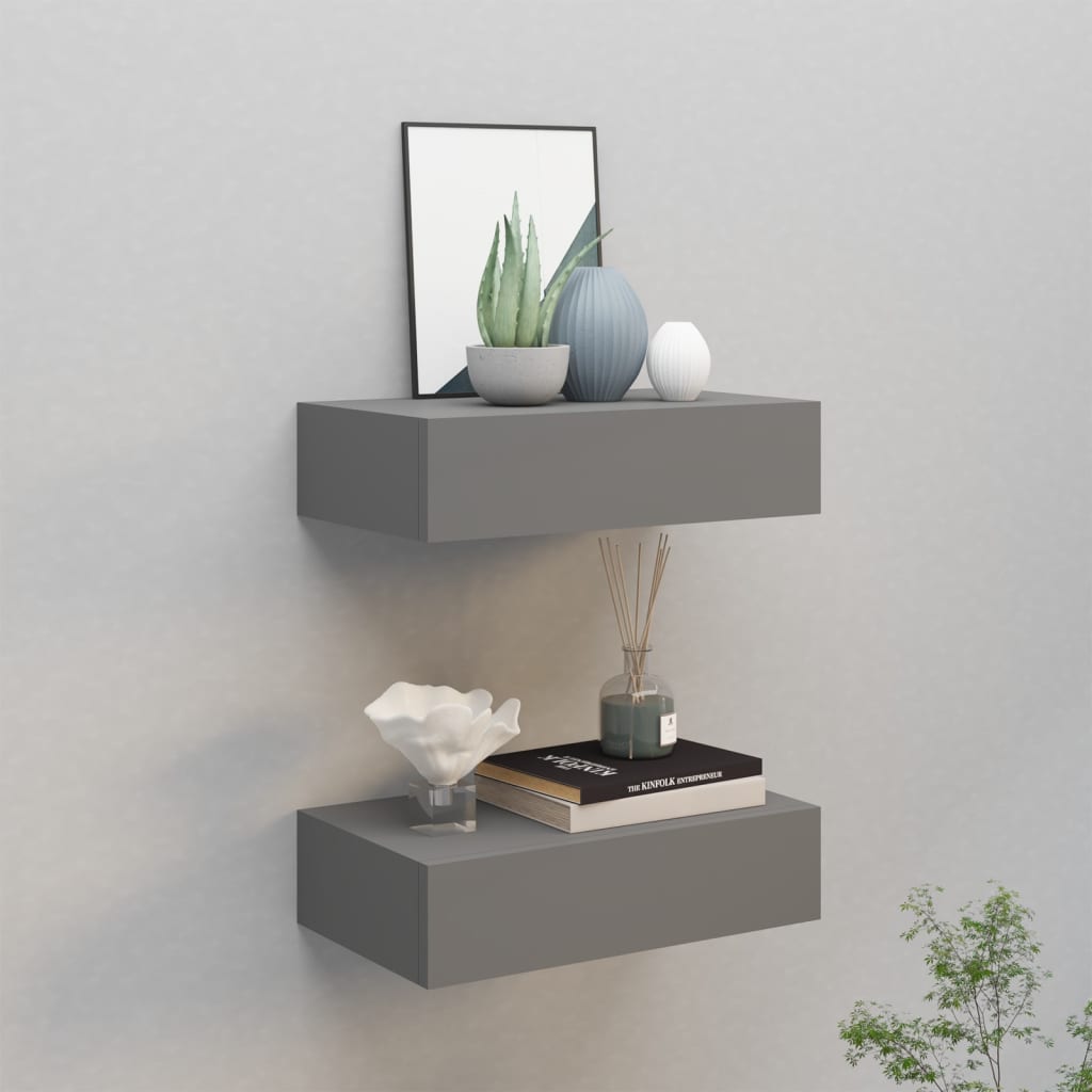 vidaXL Dulap de perete cu sertar, 2 buc., gri, 40x23,5x10 cm, MDF vidaXL Dulap de perete cu sertar, 2 buc., gri, 40x23,5x10 cm, MDF