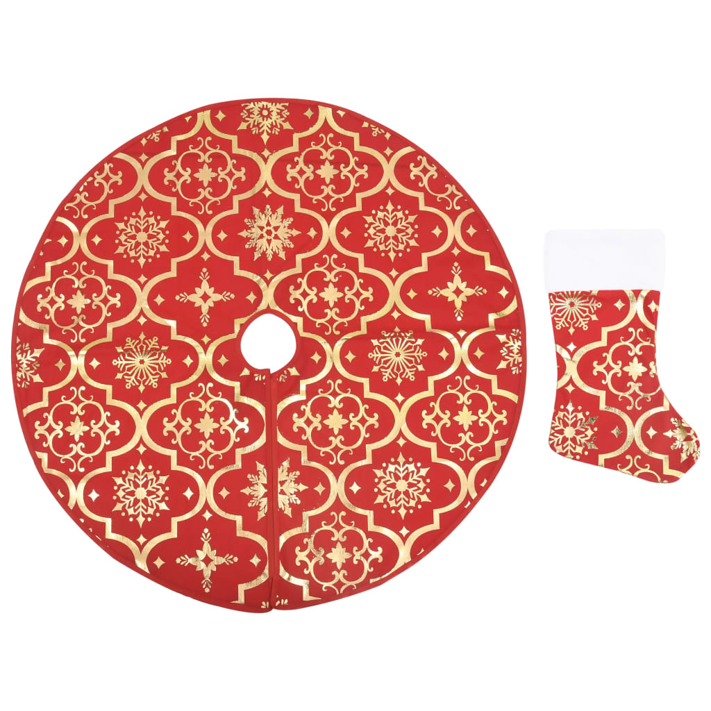 vidaXL Covor fustă de brad Crăciun cu șosetă, roșu, 90 cm, țesătură vidaXL Covor fustă de brad Crăciun cu șosetă, roșu, 90 cm, țesătură
