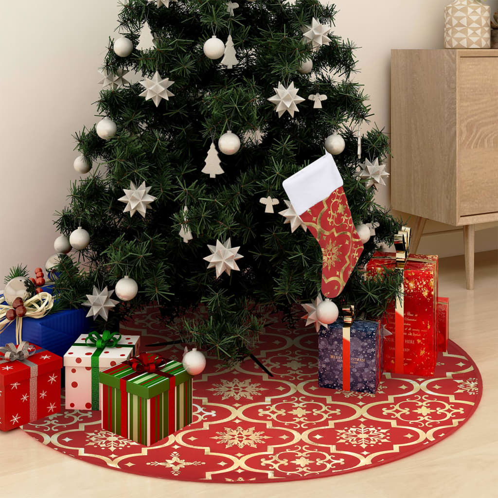 vidaXL Covor fustă de brad Crăciun cu șosetă, roșu, 90 cm, țesătură vidaXL Covor fustă de brad Crăciun cu șosetă, roșu, 90 cm, țesătură