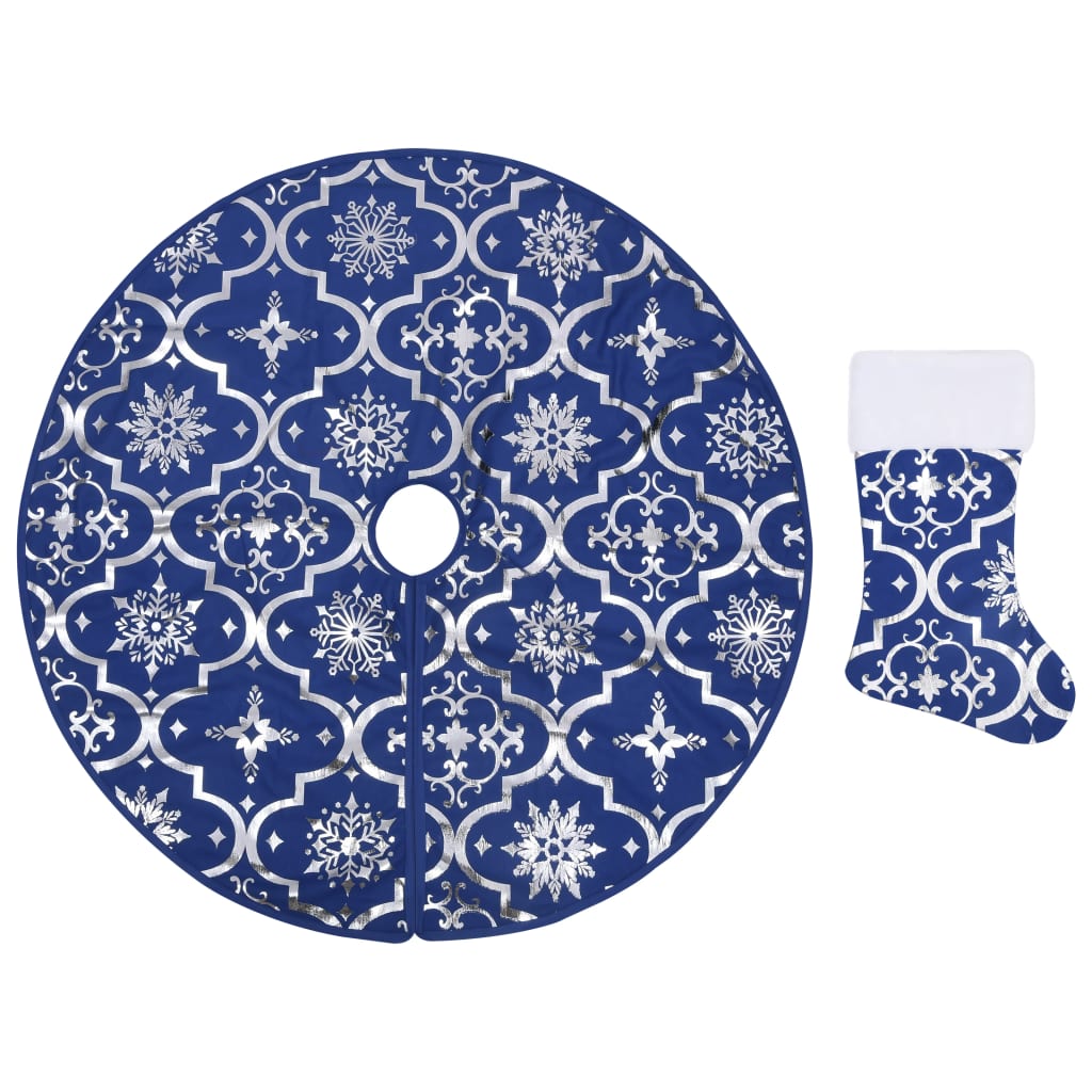 vidaXL Covor fustă de brad Crăciun cu șosetă albastru 122 cm țesătură vidaXL Covor fustă de brad Crăciun cu șosetă albastru 122 cm țesătură