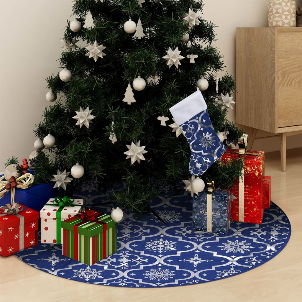 vidaXL Covor fustă de brad Crăciun cu șosetă albastru 122 cm țesătură vidaXL Covor fustă de brad Crăciun cu șosetă albastru 122 cm țesătură