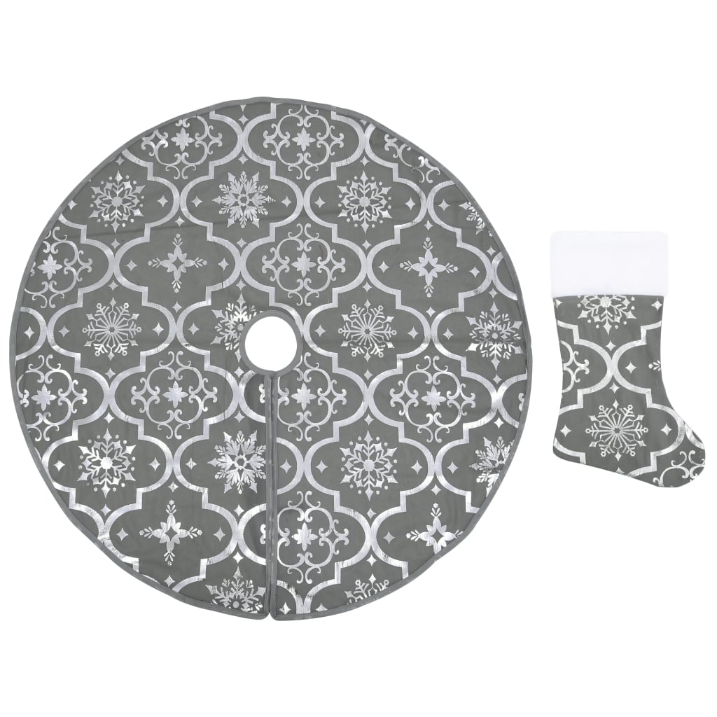 vidaXL Covor fustă de brad Crăciun cu șosetă, gri, 90 cm, țesătură vidaXL Covor fustă de brad Crăciun cu șosetă, gri, 90 cm, țesătură