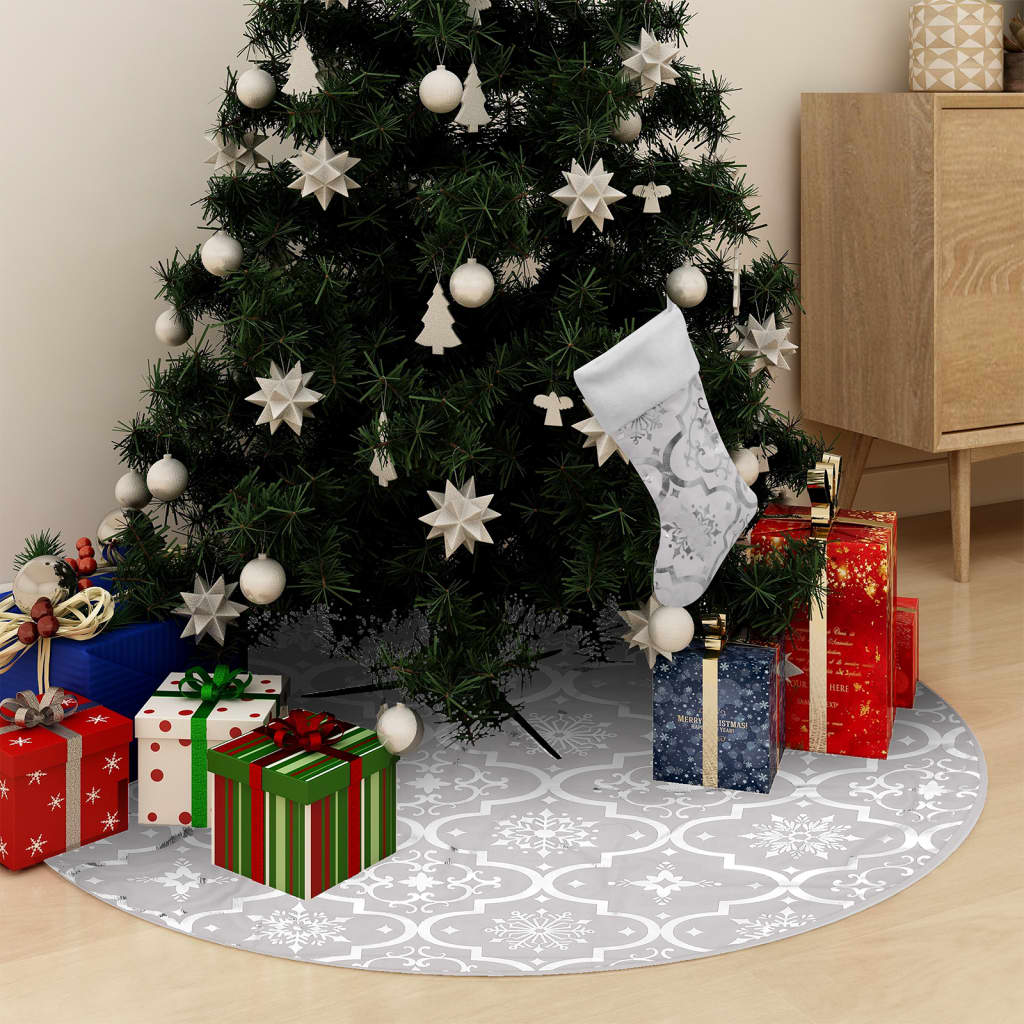 vidaXL Covor fustă de brad Crăciun cu șosetă, alb, 90 cm, țesătură vidaXL Covor fustă de brad Crăciun cu șosetă, alb, 90 cm, țesătură