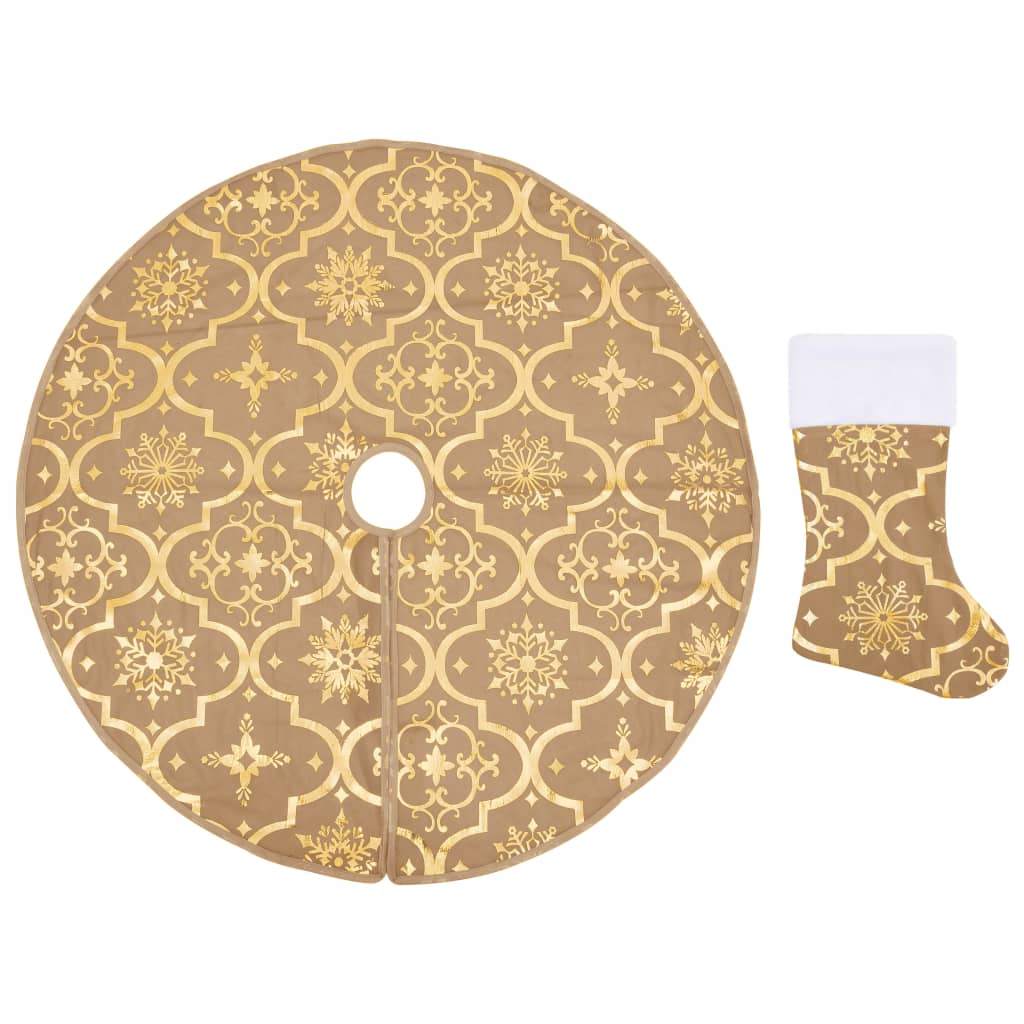 vidaXL Covor fustă de brad Crăciun cu șosetă, galben, 90 cm, țesătură vidaXL Covor fustă de brad Crăciun cu șosetă, galben, 90 cm, țesătură