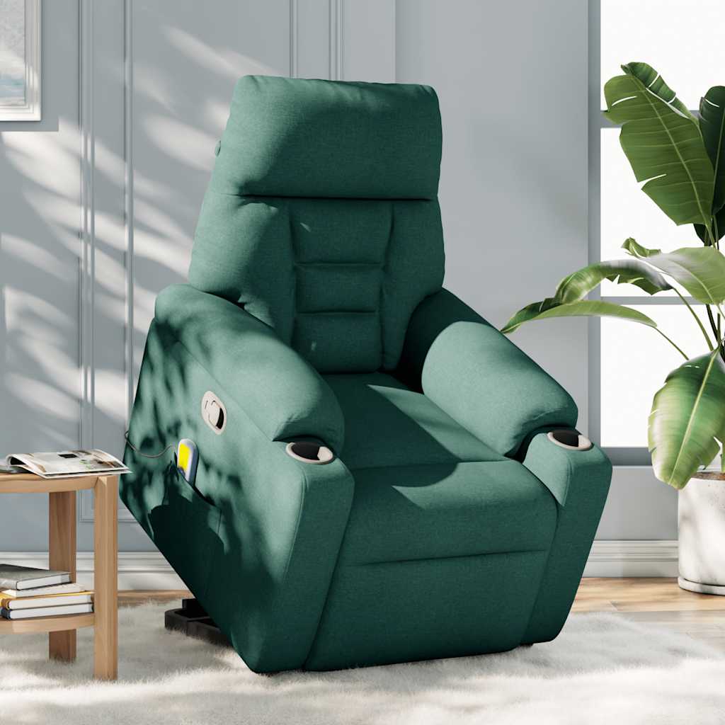 vidaXL Fotoliu rabatabil de masaj, cu ridicare, verde închis, textil