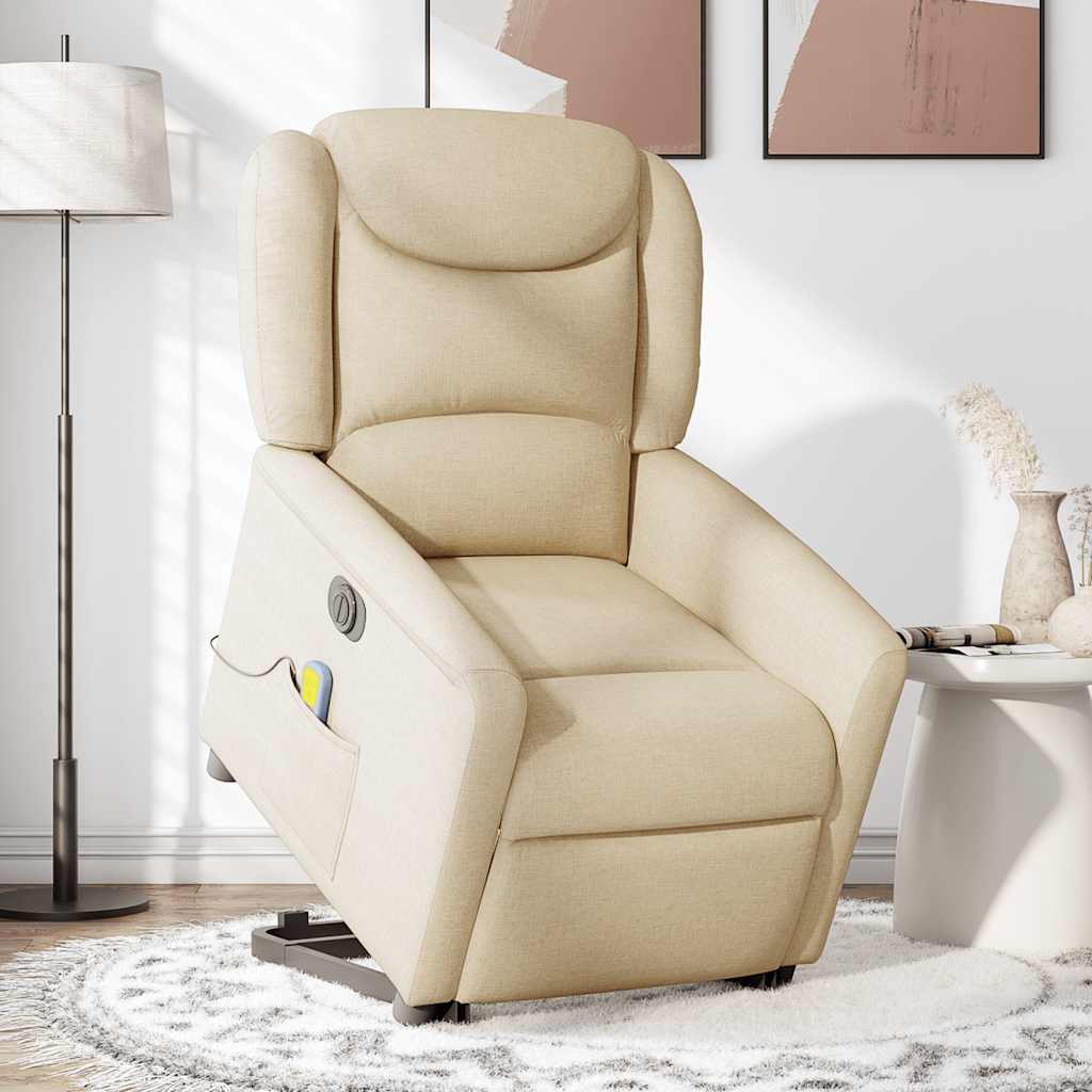 vidaXL Fotoliu electric de masaj rabatabil cu ridicare, crem, textil vidaXL Fotoliu electric de masaj rabatabil cu ridicare, crem, textil