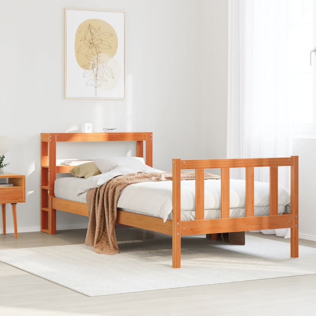 vidaXL Cadru de pat cu tăblie, maro ceruit, 75x190 cm, lemn masiv pin vidaXL Cadru de pat cu tăblie, maro ceruit, 75x190 cm, lemn masiv pin