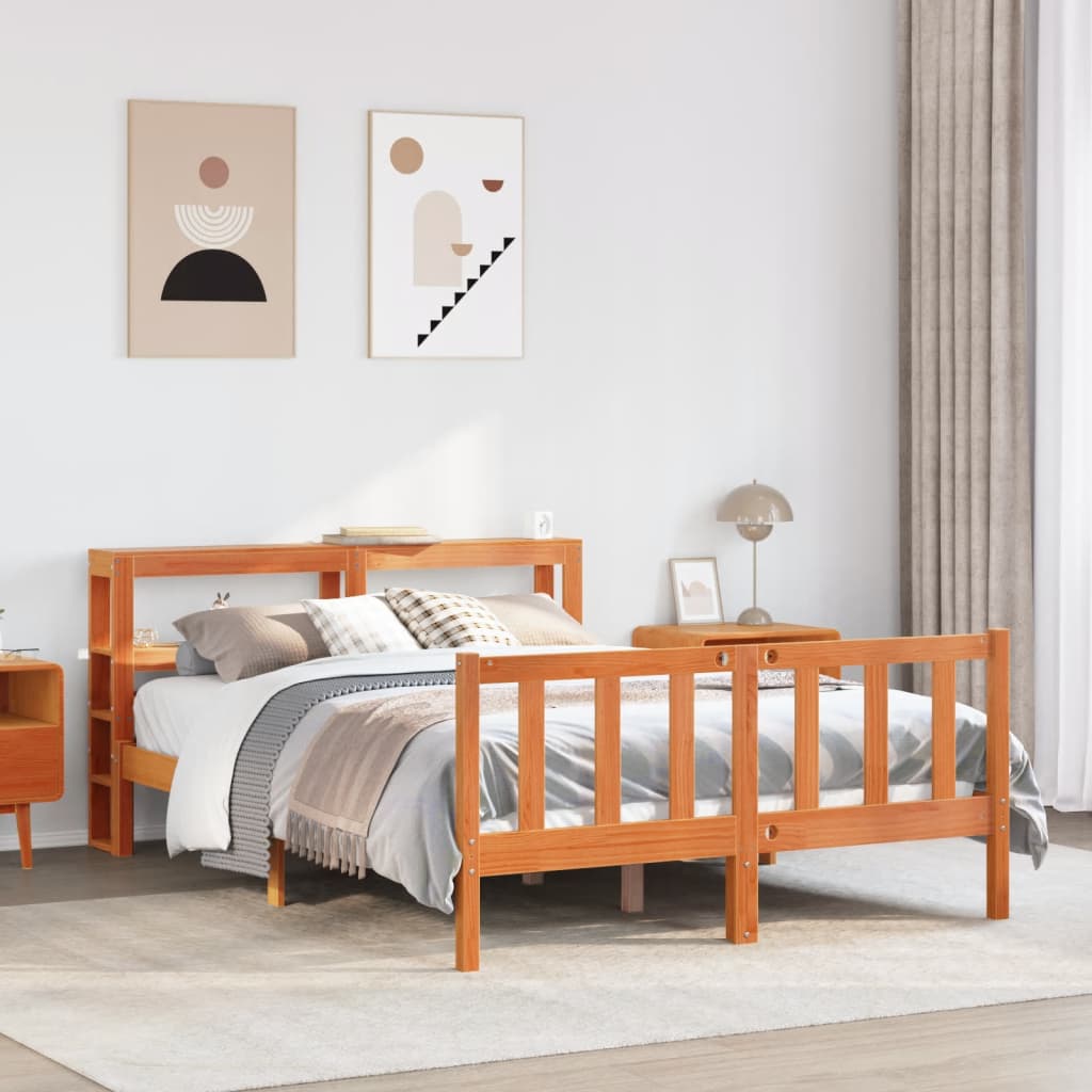 vidaXL Cadru de pat cu tăblie, maro ceruit, 135x190 cm, lemn masiv pin vidaXL Cadru de pat cu tăblie, maro ceruit, 135x190 cm, lemn masiv pin