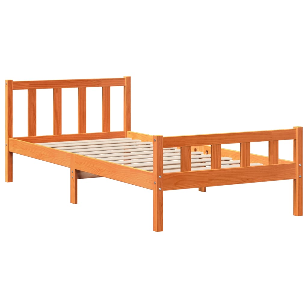 vidaXL Cadru de pat cu tăblie, maro ceruit, 75x190 cm, lemn masiv pin vidaXL Cadru de pat cu tăblie, maro ceruit, 75x190 cm, lemn masiv pin