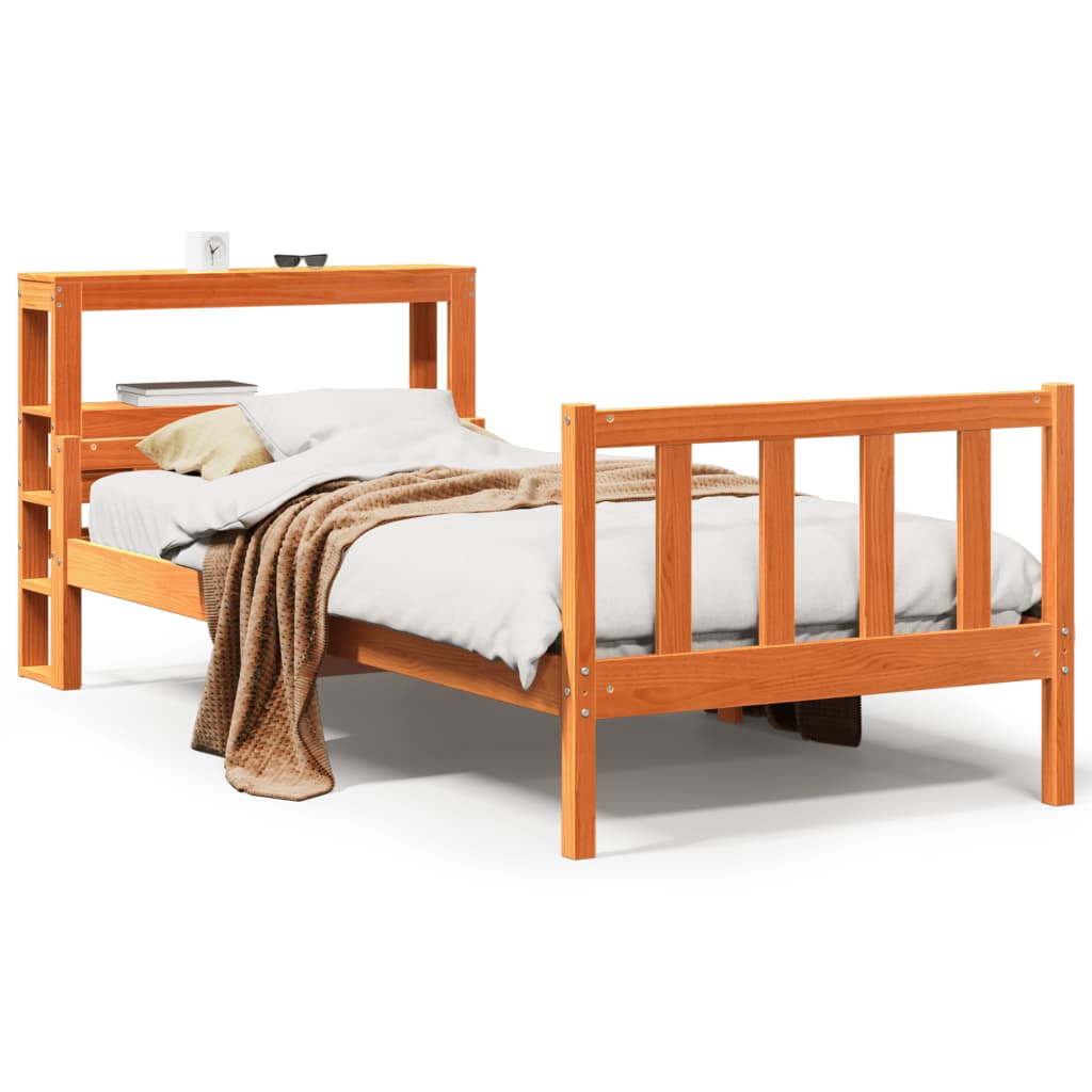 vidaXL Cadru de pat cu tăblie, maro ceruit, 90x190 cm, lemn masiv pin vidaXL Cadru de pat cu tăblie, maro ceruit, 90x190 cm, lemn masiv pin