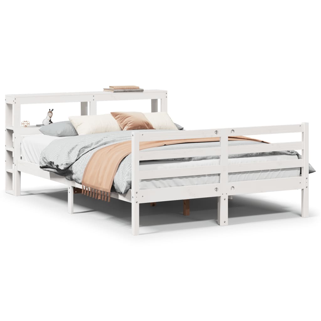 vidaXL Cadru de pat cu tăblie, alb, 135x190 cm, lemn masiv de pin vidaXL Cadru de pat cu tăblie, alb, 135x190 cm, lemn masiv de pin