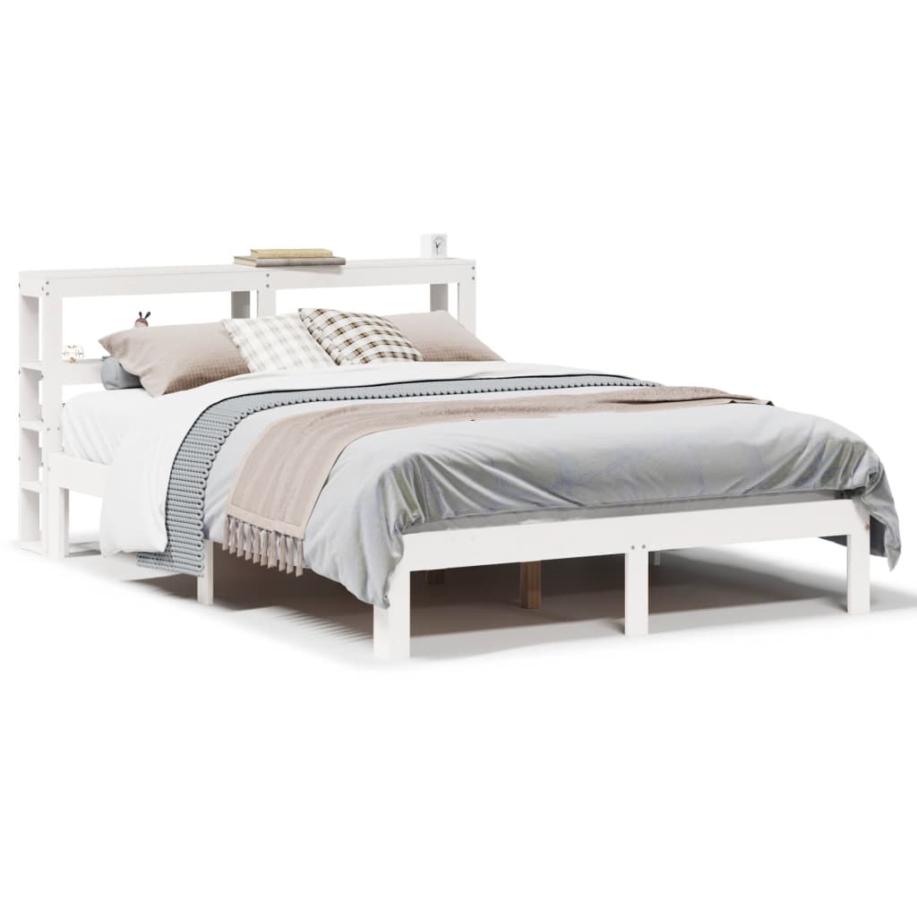 vidaXL Cadru de pat cu tăblie, alb, 135x190 cm, lemn masiv de pin vidaXL Cadru de pat cu tăblie, alb, 135x190 cm, lemn masiv de pin