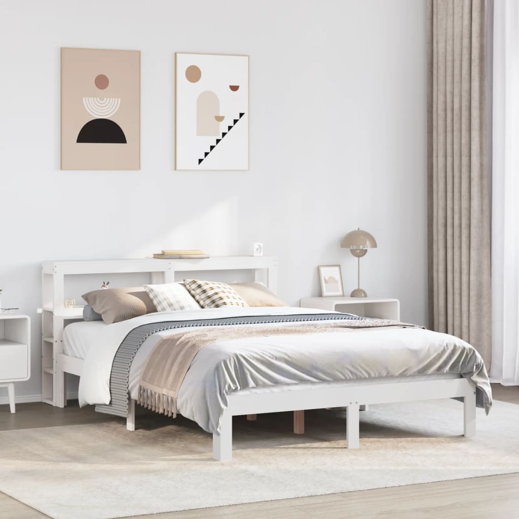 vidaXL Cadru de pat cu tăblie, alb, 135x190 cm, lemn masiv de pin vidaXL Cadru de pat cu tăblie, alb, 135x190 cm, lemn masiv de pin