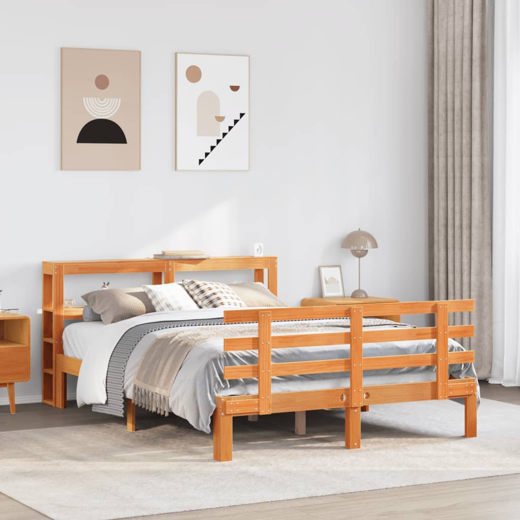 vidaXL Cadru de pat cu tăblie, maro ceruit, 140x190 cm, lemn masiv pin vidaXL Cadru de pat cu tăblie, maro ceruit, 140x190 cm, lemn masiv pin