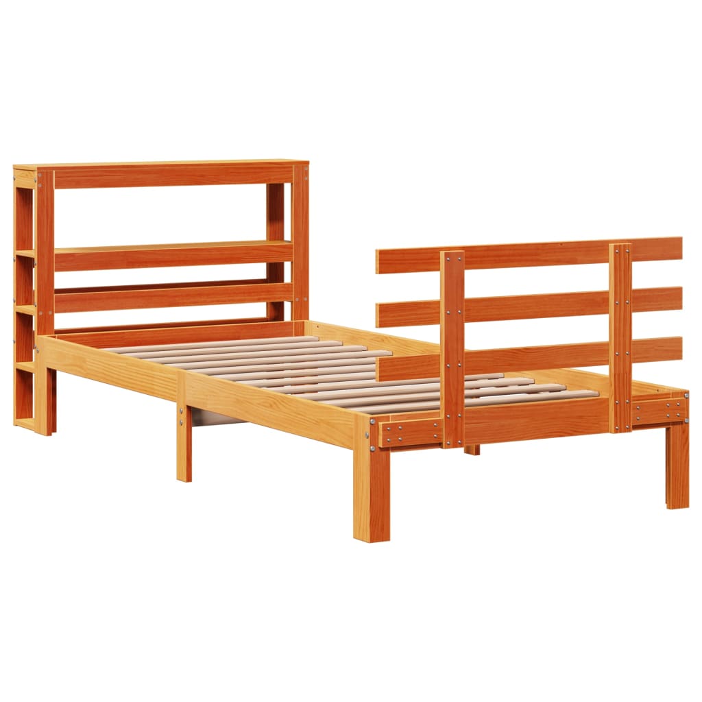 vidaXL Cadru de pat cu tăblie, maro ceruit, 90x200 cm, lemn masiv pin vidaXL Cadru de pat cu tăblie, maro ceruit, 90x200 cm, lemn masiv pin