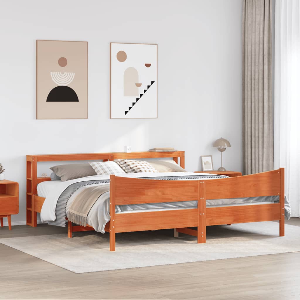 vidaXL Cadru de pat cu tăblie, maro ceruit, 180x200 cm, lemn masiv pin vidaXL Cadru de pat cu tăblie, maro ceruit, 180x200 cm, lemn masiv pin