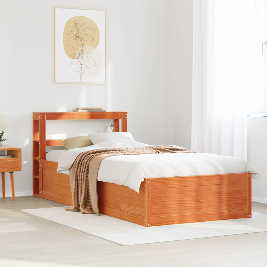 vidaXL Cadru de pat cu tăblie, maro ceruit, 90x190 cm, lemn masiv pin vidaXL Cadru de pat cu tăblie, maro ceruit, 90x190 cm, lemn masiv pin